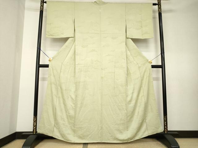 平和屋着物●上質な色無地 風景地紋 白橡色 正絹 逸品 AABL0923ck