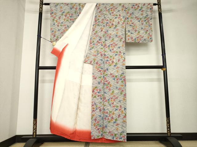 平和屋着物●上質な小紋 型染め 立波飛鶴文 鬼しぼ縮緬 正絹 逸品 AABL0928ck