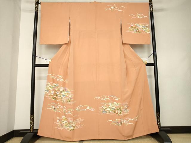 平和屋着物●訪問着 駒刺繍 松花文 金彩 正絹 逸品 AABL0934ck