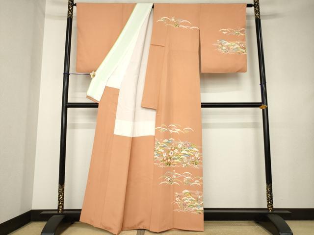 平和屋着物●訪問着 駒刺繍 松花文 金彩 正絹 逸品 AABL0934ck