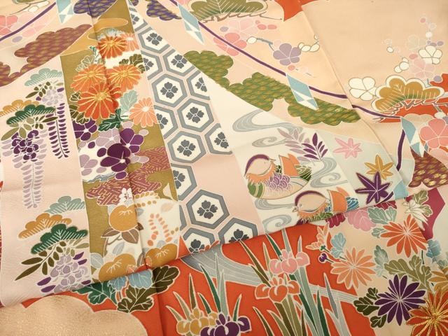 平和屋着物●豪華振袖 駒刺繍 幔幕鴛鴦花文 金彩 正絹 逸品 AABL0956ck