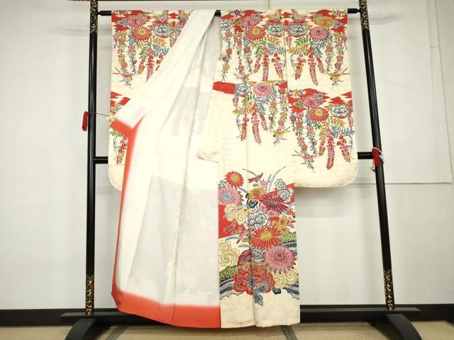 平和屋着物●紅型 振袖 吉祥花鳥文 舞蝶 正絹 逸品 AABL1010cs