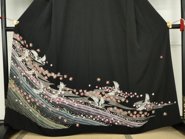 平和屋着物●本加賀友禅作家 小林賢一郎 黒留袖 飛鶴花文 証紙付き 正絹 逸品 AABL1022cs