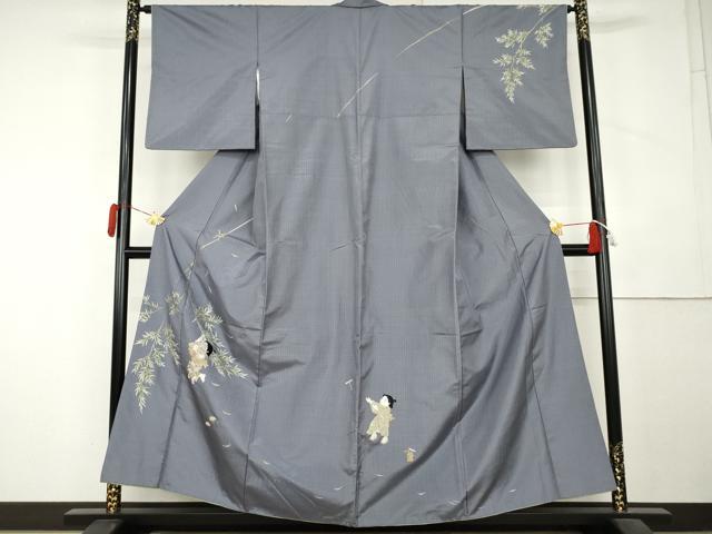 平和屋着物●本場縞大島紬 訪問着 総刺繍 童子遊び 正絹 逸品 AABL1043cs
