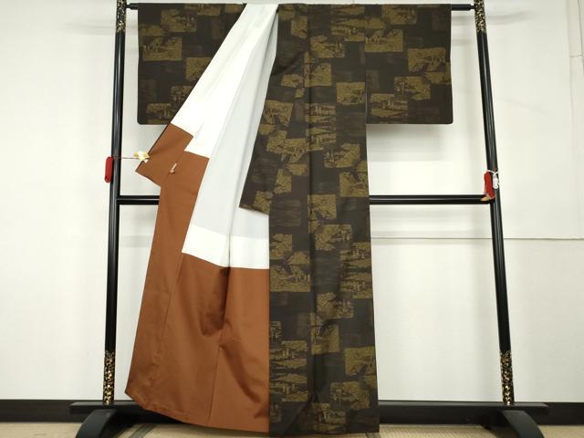 平和屋着物●本場大島紬 9マルキ 風景文 黒地 ますいわ屋扱い 正絹 逸品 AABL1053cs