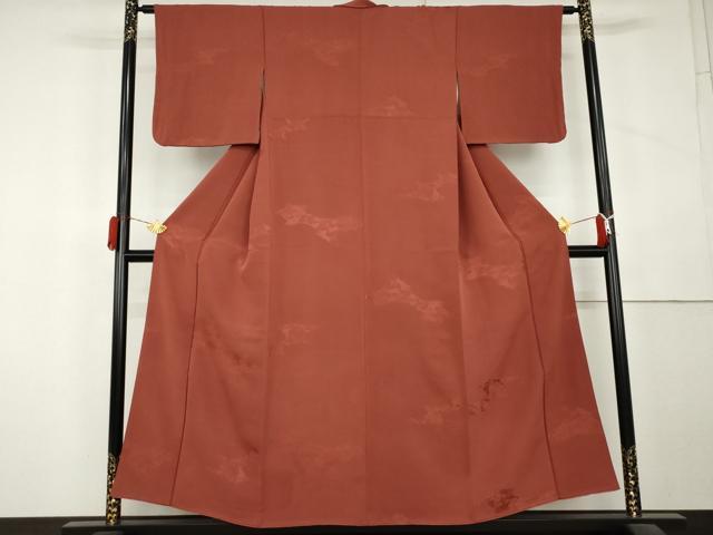 平和屋着物●上質な色無地 霞風景地紋 赤茶色 正絹 逸品 AABL1059cs