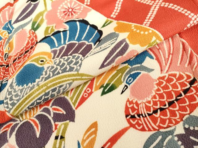 平和屋着物●紅型 振袖 鴛鴦吉祥花文 鬼しぼ縮緬 正絹 逸品 AABL1082cs