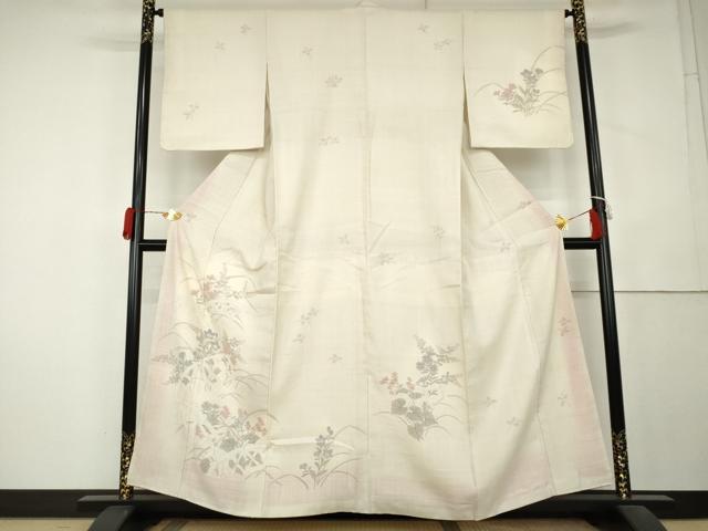 平和屋着物●生紬 訪問着 手描き 籬草花文 正絹 逸品 AABL1084cs