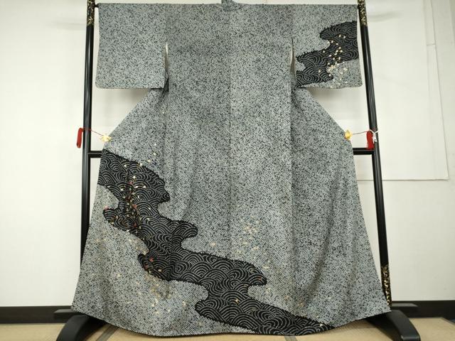 平和屋着物●訪問着 総絞り 刺繍 流水舞葉文 黒地 金糸 金彩 正絹 逸品 AABL1112cs