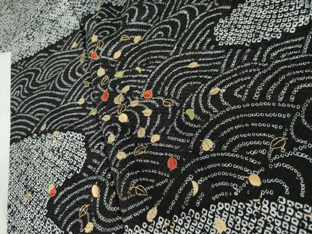 平和屋着物●訪問着 総絞り 刺繍 流水舞葉文 黒地 金糸 金彩 正絹 逸品 AABL1112cs