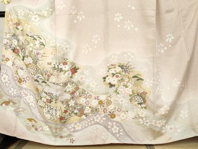 平和屋着物●訪問着 御所車雪輪飛鶴花文 暈し染め 金彩 正絹 逸品 AABL1129cs