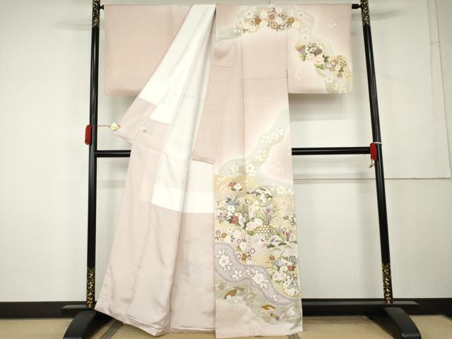 平和屋着物●訪問着 御所車雪輪飛鶴花文 暈し染め 金彩 正絹 逸品 AABL1129cs