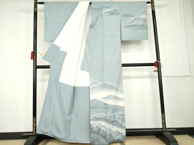 平和屋着物●石川県指定無形文化財 牛首紬 白山工房 手織り 訪問着 作家物 遠山風景文 正絹 逸品 AABL1133cs