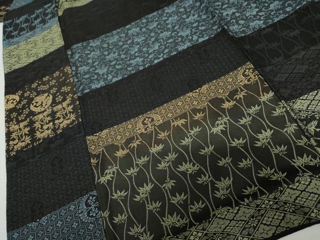 平和屋着物●上質な紬 吉祥横段文 黒地 正絹 逸品 AABL1152cs