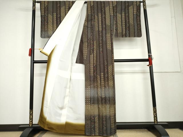 平和屋着物●本場縞大島紬 訪問着 総刺繍 刺し子 更紗花間道 正絹 逸品 未使用 AABL1162cs