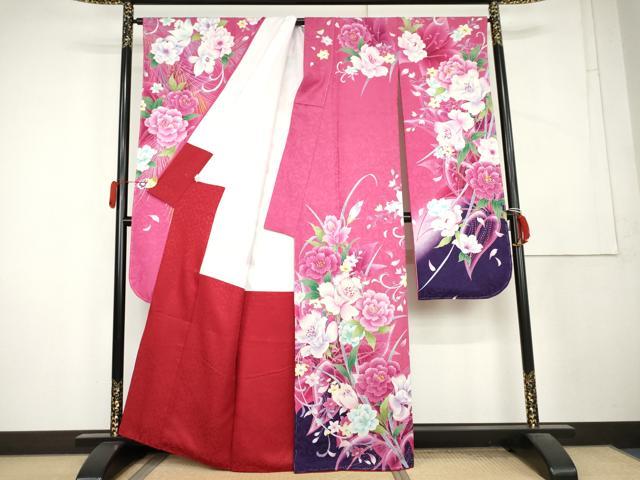 平和屋着物●豪華振袖 刺繍 孔雀羽草花文 暈し染め 金糸 銀通し地 正絹 逸品 AABL1167cs