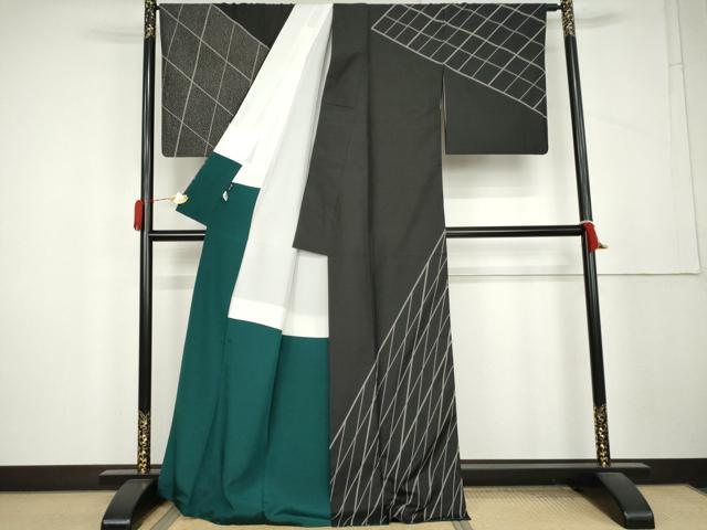 平和屋着物●大島紬作家 小宗林感應 本場縞大島紬 染大島 訪問着 格子 宮之原織物謹製 黒地 証紙付き 正絹 逸品 AABL1169cs