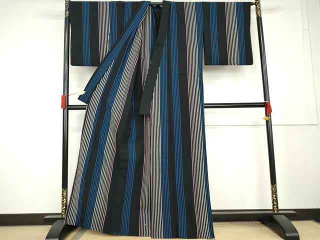 平和屋着物●伊勢木綿 小紋 単衣 堅牢染 間道 黒地 綿 逸品 AABL1170cs