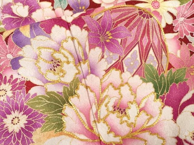 平和屋着物●豪華振袖 駒刺繍 花毬文 八重桜 暈し染め 金通し地 正絹 逸品 AABL1171cs