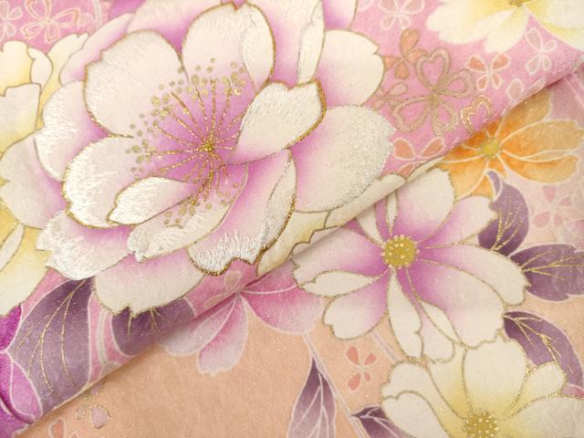 平和屋着物●豪華振袖 刺繍 枝垂れ花文 暈し染め 金糸 金彩 銀通し地 正絹 逸品 AABL1172cs