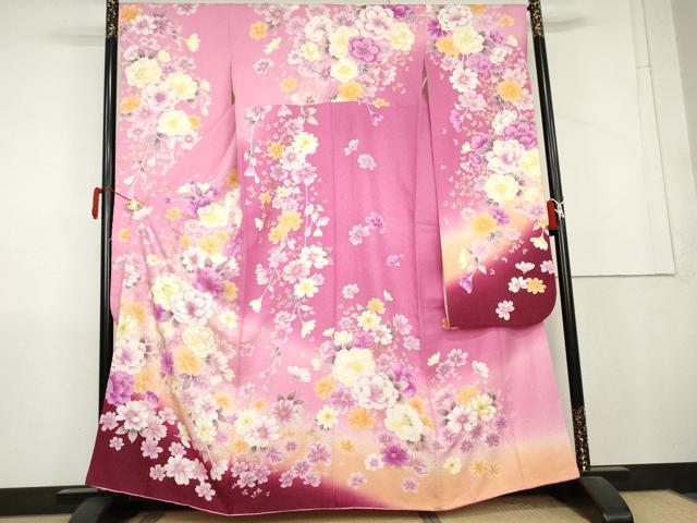 平和屋着物●豪華振袖 刺繍 枝垂れ花文 暈し染め 金糸 金彩 銀通し地 正絹 逸品 AABL1172cs