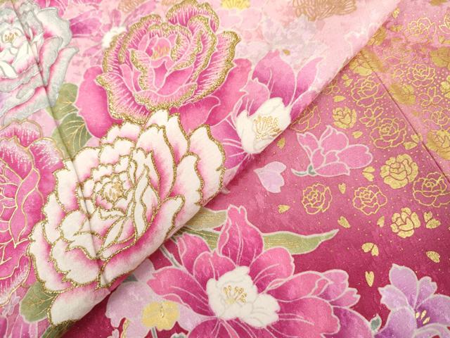 平和屋着物●豪華振袖 刺繍 草花文 薔薇 バラ 暈し染め 金糸 銀彩 銀通し地 ラインストーン 正絹 逸品 AABL1175cs