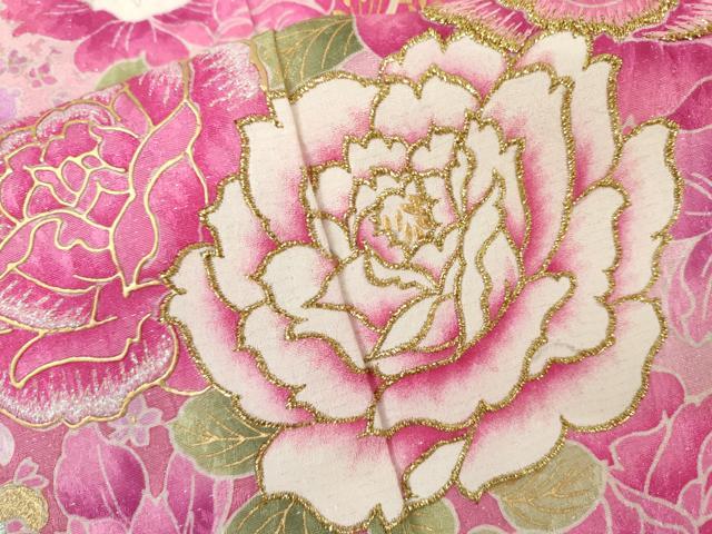 平和屋着物●豪華振袖 刺繍 草花文 薔薇 バラ 暈し染め 金糸 銀彩 銀通し地 ラインストーン 正絹 逸品 AABL1175cs