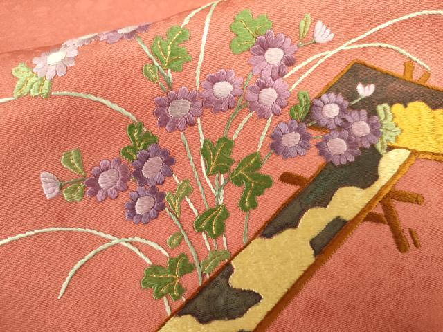 平和屋着物●訪問着 総刺繍 駒刺繍 草花文 正絹 逸品 AABL1193cs