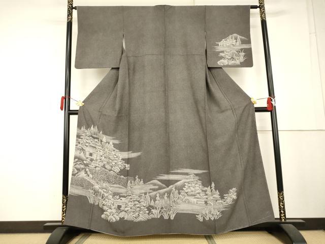 平和屋着物●江戸小紋 訪問着 鮫小紋柄 風景文 黒地 正絹 逸品 AABL1194cs