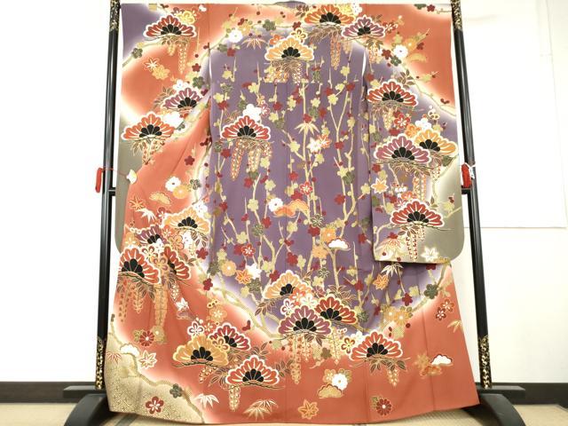 平和屋着物●豪華振袖 駒刺繍 松竹梅文 暈し染め 金彩 正絹 逸品 AABL1195cs