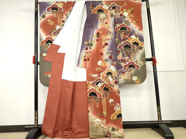 平和屋着物●豪華振袖 駒刺繍 松竹梅文 暈し染め 金彩 正絹 逸品 AABL1195cs