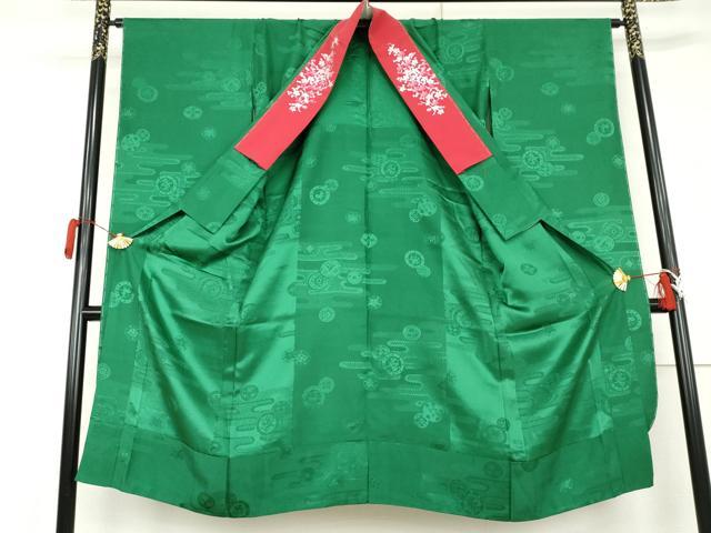 平和屋着物●振袖用長襦袢 無双仕立て エ霞絵皿地紋 常磐色地 正絹 逸品 AABL1199cs