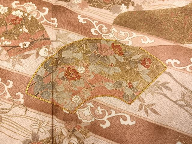 平和屋着物●吉澤友禅 色留袖 駒刺繍 地紙花文 金彩 反端付き 正絹 逸品 AABL1212ph