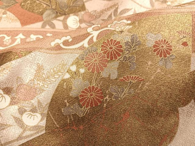 平和屋着物●吉澤友禅 色留袖 駒刺繍 地紙花文 金彩 反端付き 正絹 逸品 AABL1212ph