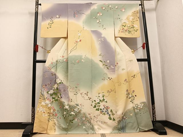 平和屋着物●銀座もとじ 訪問着 草花文 暈し染め 金彩 丹後ちりめん 反端付き 正絹 逸品 AABL1214ph