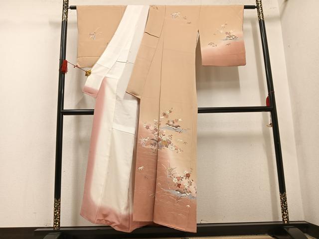 平和屋着物●訪問着 駒刺繍 立波風景草花文 暈し染め 金彩 鬼しぼ縮緬 正絹 逸品 AABL1217ph