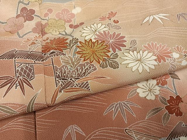 平和屋着物●訪問着 駒刺繍 立波風景草花文 暈し染め 金彩 鬼しぼ縮緬 正絹 逸品 AABL1217ph