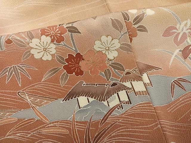 平和屋着物●訪問着 駒刺繍 立波風景草花文 暈し染め 金彩 鬼しぼ縮緬 正絹 逸品 AABL1217ph