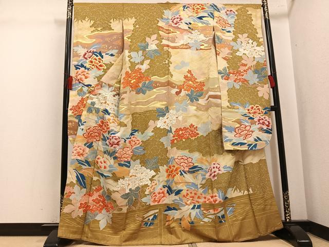 平和屋着物●豪華振袖 駒刺繍 草花文 金彩 正絹 逸品 AABL1226ph