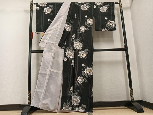 平和屋着物●小紋 牡丹 黒地 洗える着物 AABL1240ph