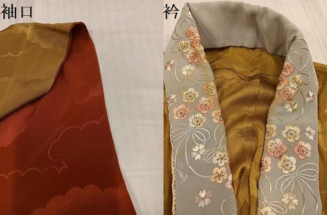 平和屋着物●長襦袢 無双仕立て 雲重ね地紋 桑茶色 半衿刺繍 正絹 逸品 AABL1243ph