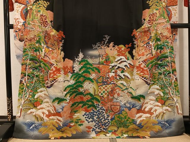 平和屋本店●アンティーク 大正ロマン 振袖 松竹梅船文 暈し染め 黒地 金彩 正絹 逸品 AABL1264ph