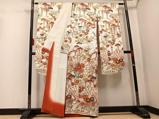 平和屋着物●豪華振袖 駒刺繍 檜扇草花文 金彩 正絹 逸品 AABL1272ph