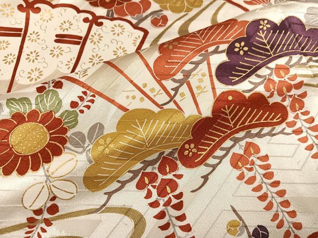 平和屋着物●豪華振袖 駒刺繍 檜扇草花文 金彩 正絹 逸品 AABL1272ph