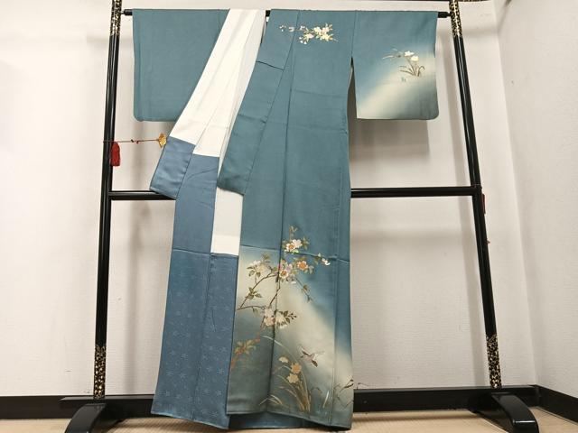 平和屋着物●訪問着 螺鈿 花鳥文 暈し染め 金銀彩 銀通し地 正絹 逸品 AABL1281ph