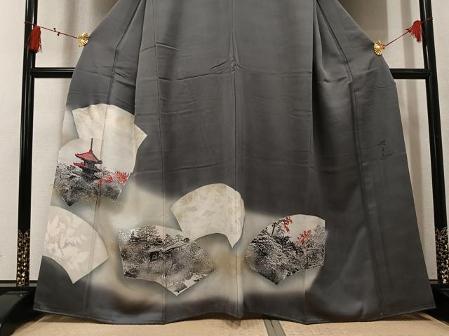 平和屋着物●日展作家 山本唯与志 レリーフ染 色留袖 地紙風景文 暈し染め 金彩 銀通し地 正絹 逸品 AABL1290ph