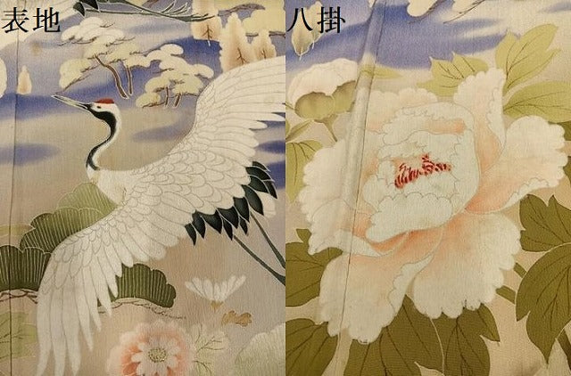 平和屋着物●アンティーク 大正ロマン 色留袖 刺繍 群れ鶴風景草花文 暈し染め 金彩 正絹 逸品 AABL1291ph