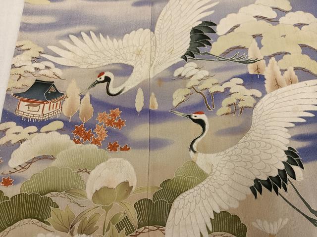 平和屋着物●アンティーク 大正ロマン 色留袖 刺繍 群れ鶴風景草花文 暈し染め 金彩 正絹 逸品 AABL1291ph