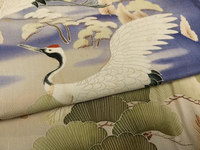 平和屋着物●アンティーク 大正ロマン 色留袖 刺繍 群れ鶴風景草花文 暈し染め 金彩 正絹 逸品 AABL1291ph