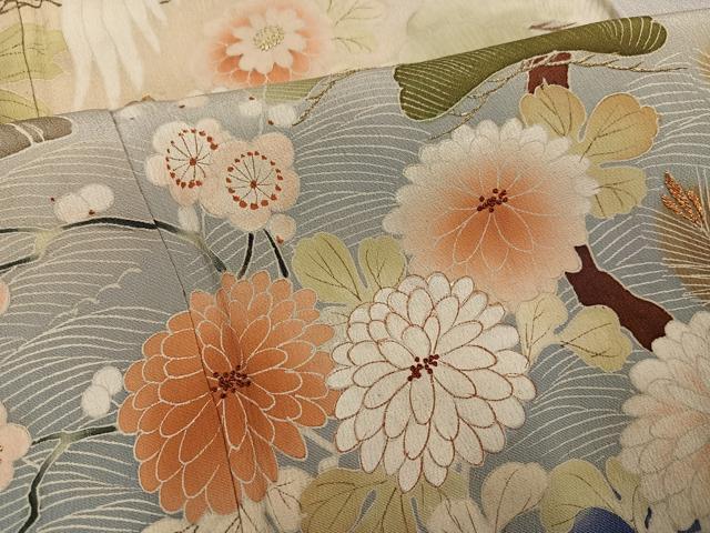 平和屋着物●アンティーク 大正ロマン 色留袖 刺繍 群れ鶴風景草花文 暈し染め 金彩 正絹 逸品 AABL1291ph